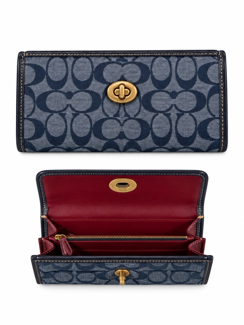 Coach Blue logo denim Turnlock Wallet Clutch Burgundy Interior Y2K